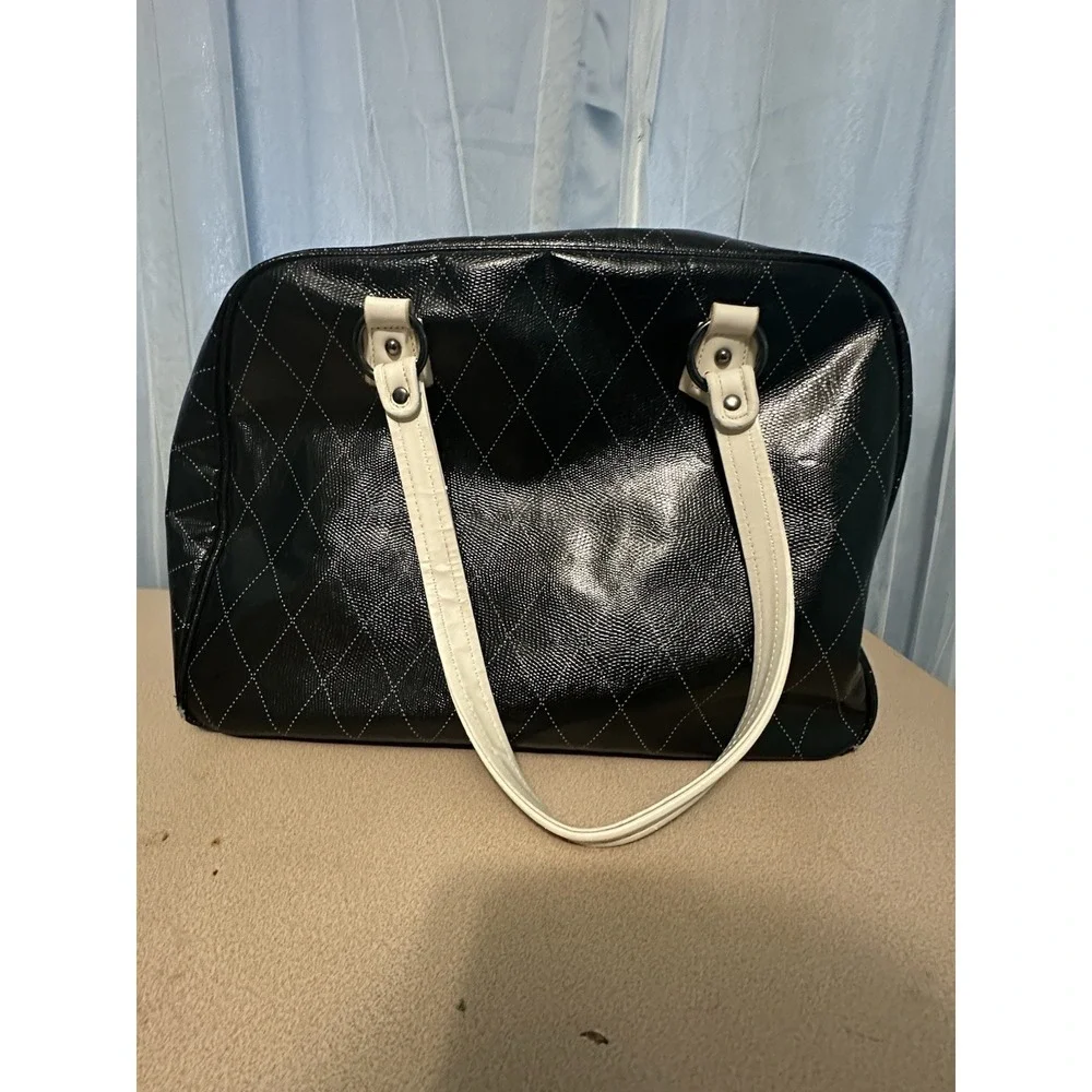 Mary Kay Black White Quilted Satchel Top Handle Zip Organizer Insert Pockets